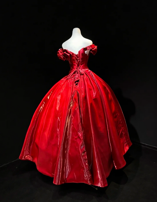Robe de soirée élégante rouge, épaules dénudées, ligne A, en satin, pour bal de promo DP06370