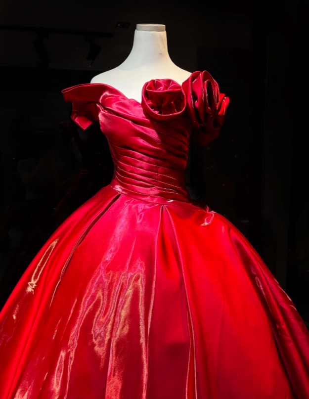 Elegant Red Evening Dress Off-shoulder A-Line Satin Prom Dress  DP06370
