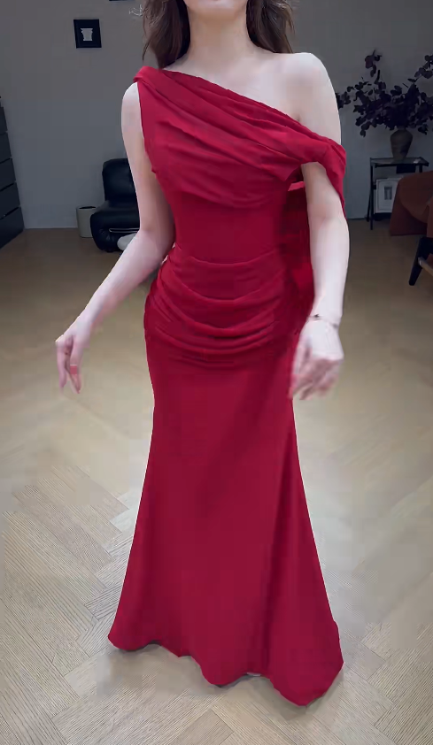 Robe de soirée élégante rouge, fourreau en satin, épaules dénudées, robe de bal DP06371