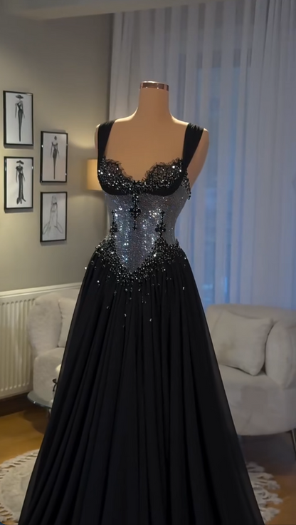 Elegant Black Evening Dress Straps A-Line Chiffon Prom Dress DP06372