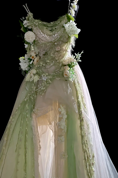 Elegant Green Evening Dress Straps A-Line Tulle Prom Dress DP06373