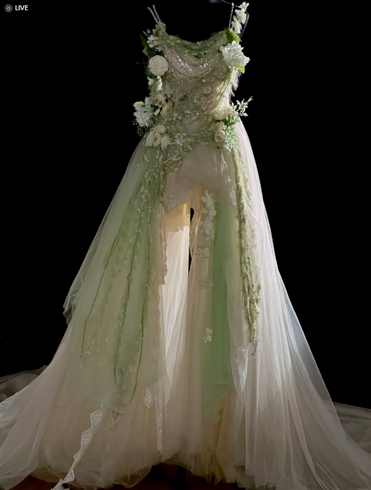 Élégante Robe de Soirée Verte Bretelles Ligne A Tulle Robe de Bal DP06373