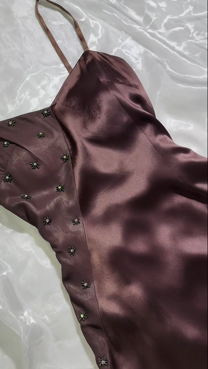 Elegant Brown Evening Dress Spaghetti Straps Sheath Satin Prom Dress DP06374