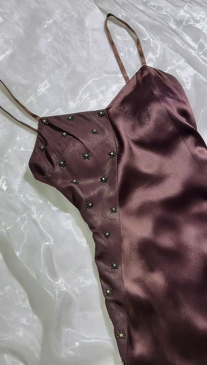 Elegant Brown Evening Dress Spaghetti Straps Sheath Satin Prom Dress DP06374