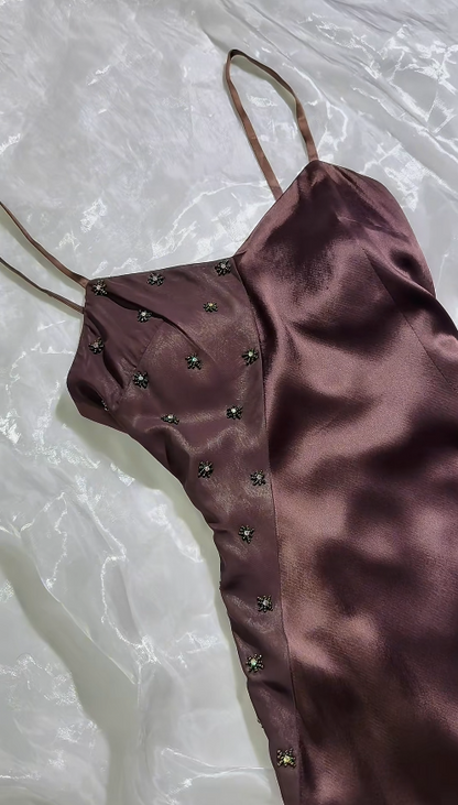 Elegant Brown Evening Dress Spaghetti Straps Sheath Satin Prom Dress DP06374