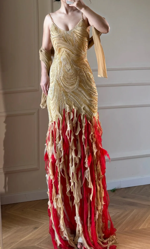 Robe de soirée jaune élégante, bretelles spaghetti, fourreau en mousseline, perles, pour bal de promo DP06375