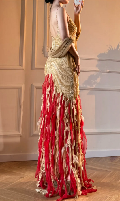 Elegant Yellow Evening Dress Spaghetti Straps Sheath Chiffon Beaded Prom Dress DP06375