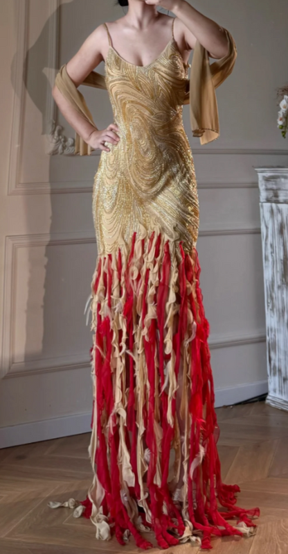 Elegant Yellow Evening Dress Spaghetti Straps Sheath Chiffon Beaded Prom Dress DP06375