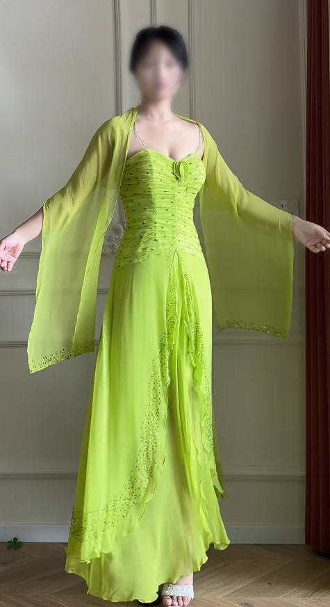 Robe de soirée élégante vert bretelles fines fourreau mousseline de soie perles robe de bal DP06378