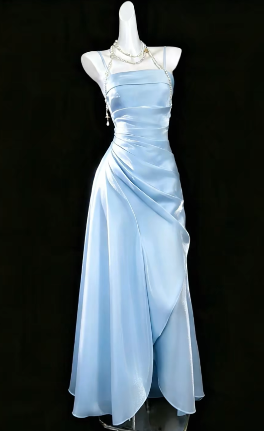 Robe de soirée élégante bleue, bretelles spaghetti, fourreau en satin, pour le bal de promo DP06379