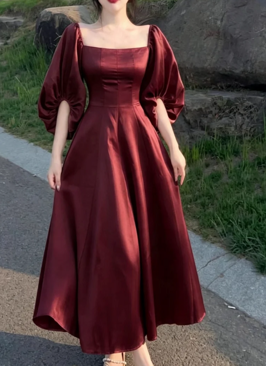 Robe de Soirée Élégante Bourgogne Longue A-Line Satinée pour Bal de Promo DP06380