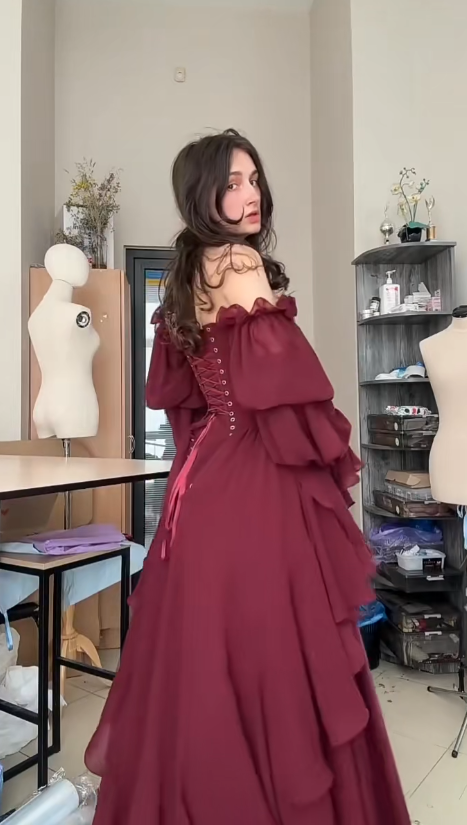 Elegant Burgundy Evening Dress Off-shoulder A-Line Chiffon Prom Dress DP06381
