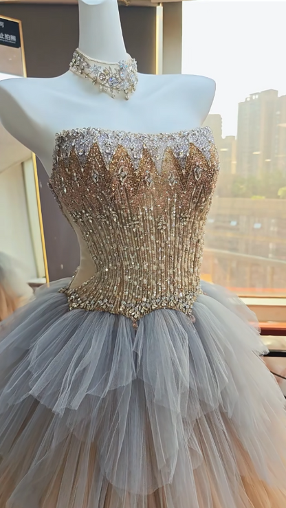 Elegant Champagne Evening Dress Strapless A-Line Tulle Prom Dress DP06382