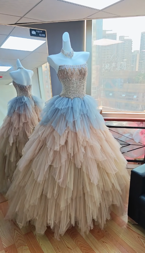 Robe de soirée élégante en champagne, sans bretelles, ligne A, en tulle, pour le bal de promo DP06382