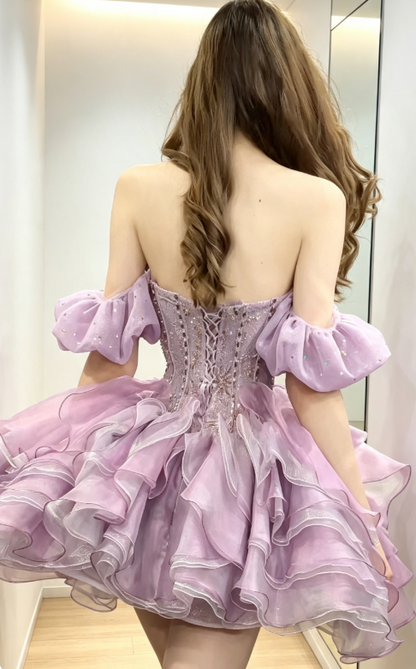 Elegant Pink Short Prom Dress Off-shoulder A-Line Hoco Dress Chiffon Birthday Dress DP06383