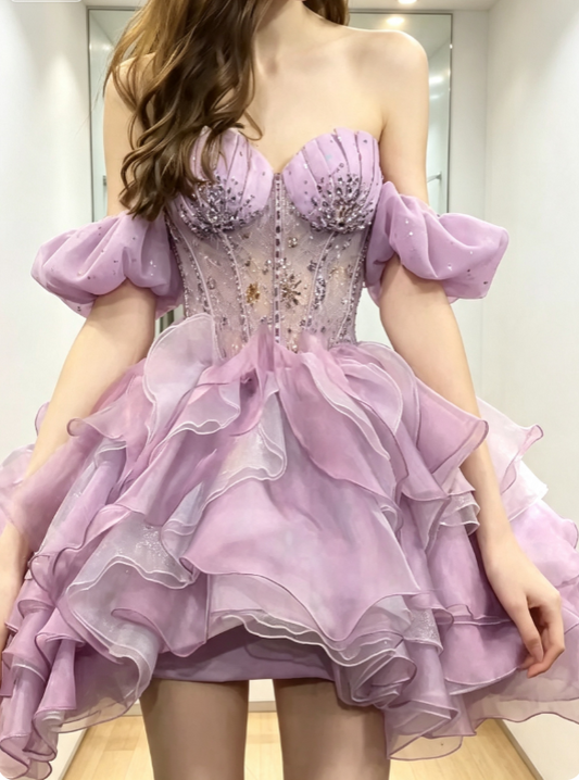 Elegantes rosa kurzes Ballkleid schulterfrei A-Linie Hoco-Kleid Chiffon-Geburtstagskleid DP06383