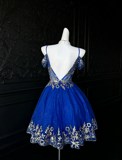 Elegant Blue Short Prom Dress Spaghetti Straps A-Line Hoco Dress Satin Birthday Dress DP06385