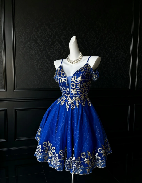 Elegant Blue Short Prom Dress Spaghetti Straps A-Line Hoco Dress Satin Birthday Dress DP06385