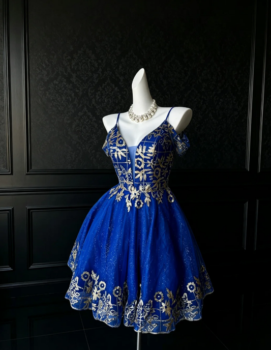 Elegantes blaues kurzes Ballkleid Spaghetti-Träger A-Linie Hoco Kleid Satin Geburtstags-Kleid DP06385