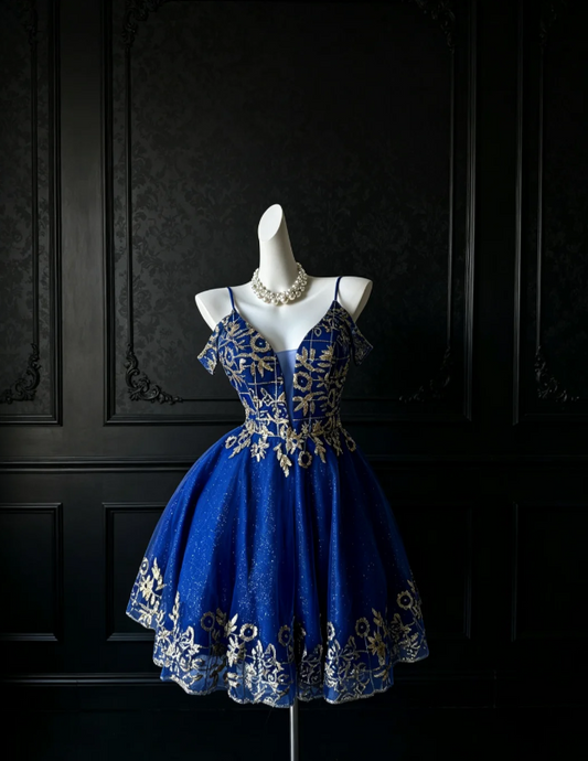 Elegantes blaues kurzes Ballkleid Spaghetti-Träger A-Linie Hoco Kleid Satin Geburtstags-Kleid DP06385