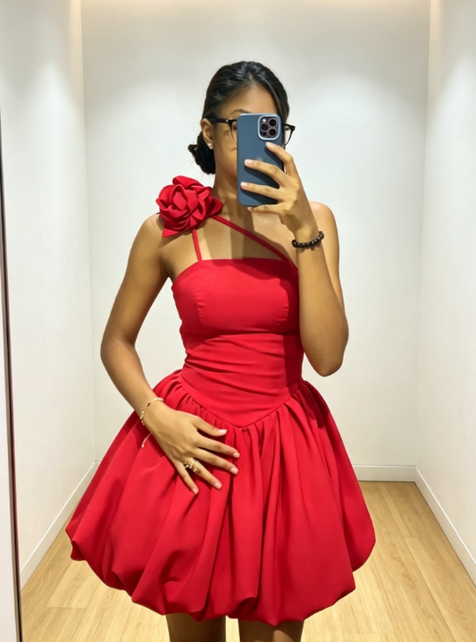 Robe de bal courte rouge sexy asymétrique ligne A robe de soirée en mousseline de soie DP06394