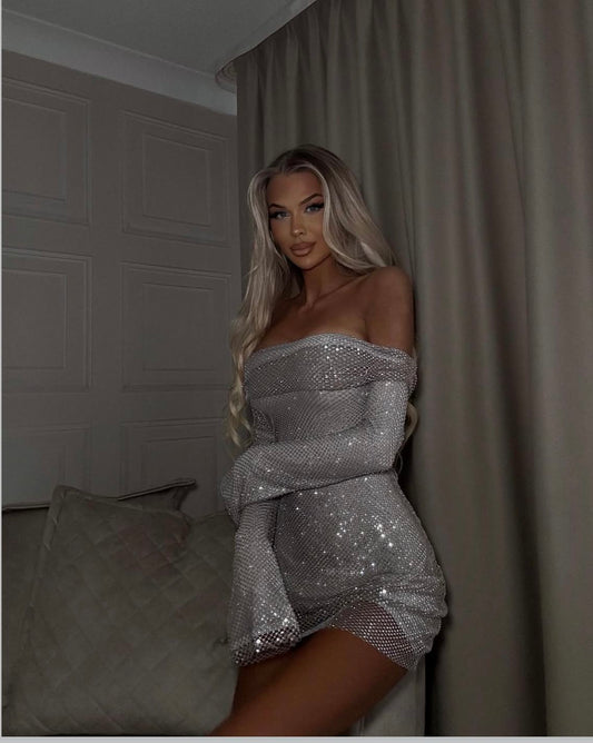 Robe Courte de Bal Argentée Sexy Épaules Dénudées Fourreau Robe de Soirée en Mousseline de Soie pour Anniversaire DP06395