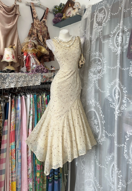 Robe de bal courte sirène jaune sexy à encolure ronde, robe de soirée en dentelle DP06397