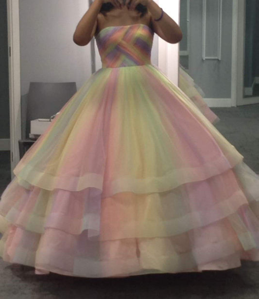 Wunderschönes, farbenfrohes, trägerloses A-Linien-Ballkleid aus Tüll, langes Abendkleid DP06405