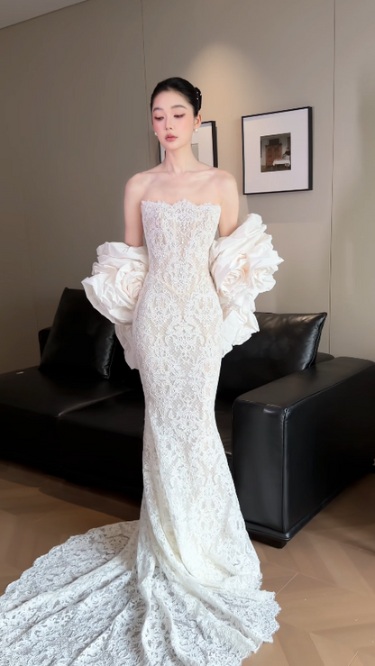 Simple Strapless Mermaid Wedding Dress Lace Bridal Dress White Sleeveless Bridal Gown DP06407
