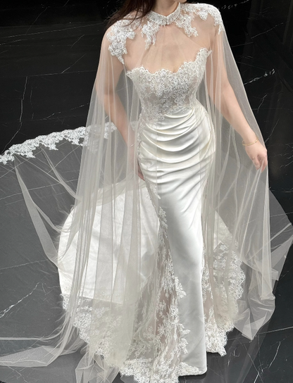 Simple Strapless Mermaid Wedding Dress Satin Applique Bridal Dress White Sleeveless Bridal Gown DP06409