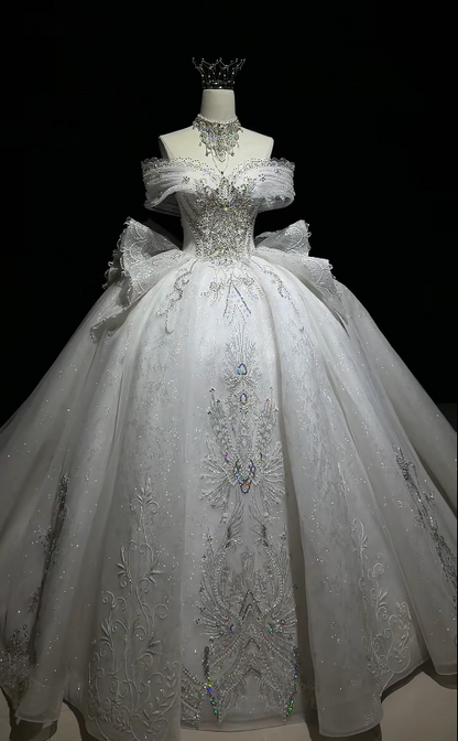Simple Off-shoulder A-Line Wedding Dress Tulle Bridal Dress White Sleeveless Bridal Gown DP06413