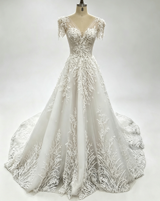 Schlichtes V-Ausschnitt A-Linie Brautkleid Tüll Hochzeitskleid Weiß Ärmelloses Brautkleid DP06414
