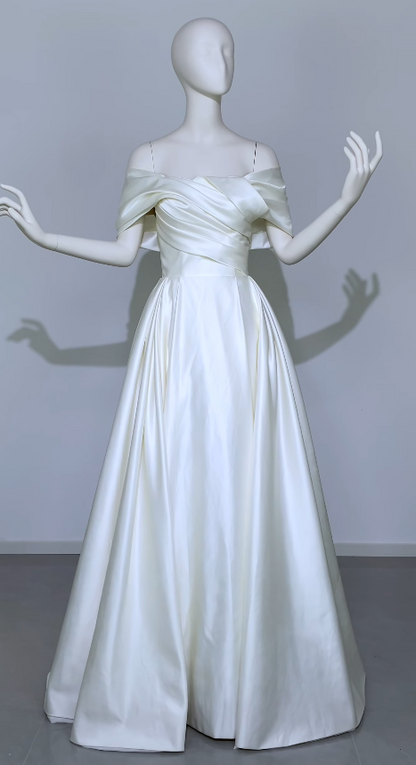 Simple Off-shoulder A-Line Wedding Dress Satin Bridal Dress White Sleeveless Bridal Gown DP06415