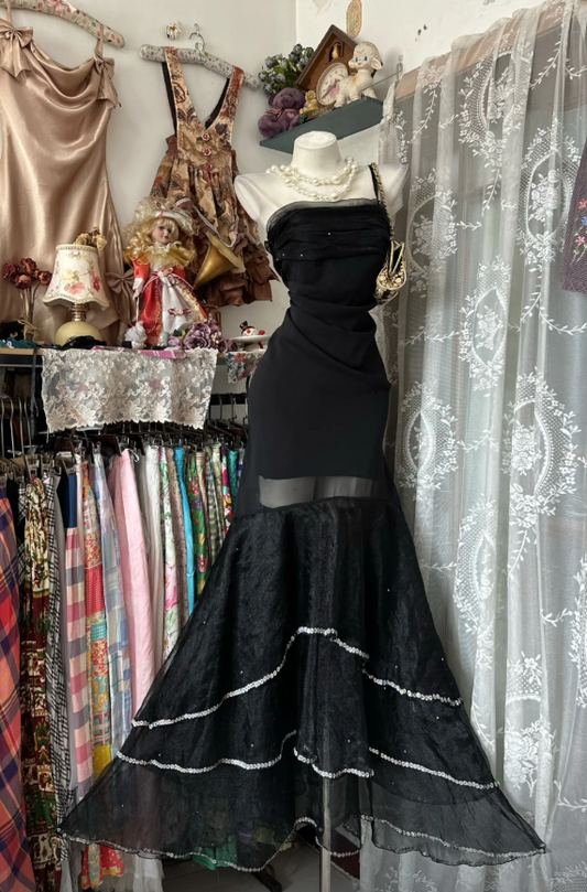 Robe de bal noire chic, en mousseline de soie, fourreau, asymétrique, longue robe de soirée DP06416