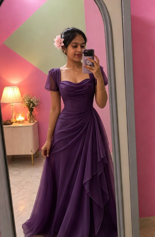 Robe de bal chic violette en mousseline fourreau longue robe de soirée DP06417