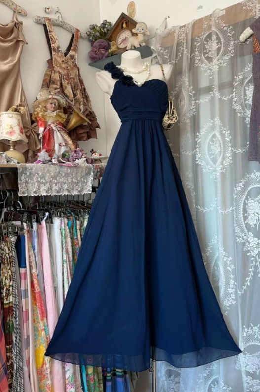 Robe de bal chic bleu marine en mousseline de soie, fourreau, longue robe de soirée DP06418
