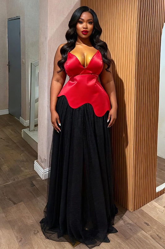 Robe de Bal Rouge Élégante Satin Mousseline Fourreau Col en V Robe de Soirée Longue DP06419