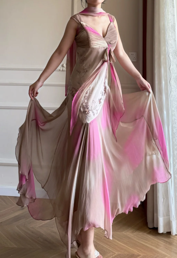 Chic Pink Prom Dress Chiffon Sheath Straps Long Evening Dress DP06420