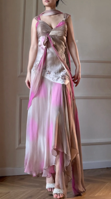 Robe de bal rose chic en mousseline de soie fourreau à bretelles longue robe de soirée DP06420