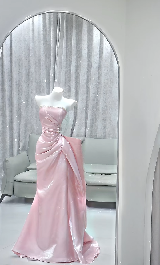 Élégante Robe de Bal Rose Satin Fourreau Bustier Longue Robe de Soirée DP06421