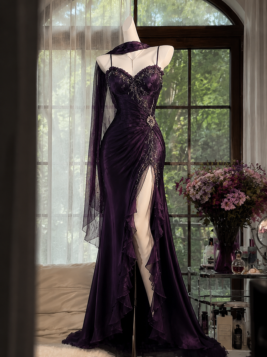 Robe de bal chic violet foncé avec bretelles fourreau en mousseline perlée, robe de soirée longue DP06423