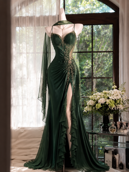 Robe de Bal Longue Vert Foncé Chic avec Bretelles Fourreau en Mousseline Perlé DP06424