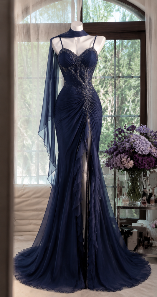 Robe longue de soirée chic bleu marine avec bretelles fourreau en mousseline ornée de perles DP06425