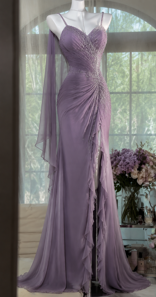 Robe de Bal Lavande Chic Bretelles Fourreau Mousseline Perles Longue Robe de Soirée DP06426