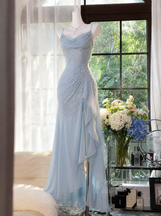 Robe de bal bleu pâle chic Bretelles Fourreau Mousseline Perles Longue Robe de soirée DP06428