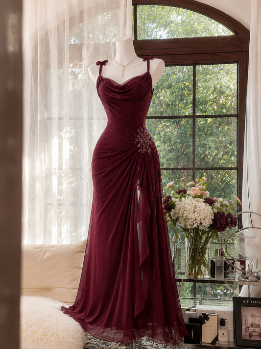 Longue robe de soirée Chic fourreau en mousseline avec bretelles Prom Dress Bourgogne DP06429