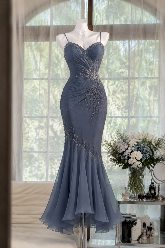 Robe de bal chic bleue avec bretelles en mousseline sirène longue robe de soirée DP06430