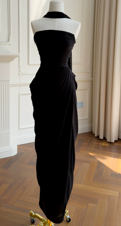 Chic Black Prom Dress Strapless Sheath Chiffon Long Evening Dress DP06431