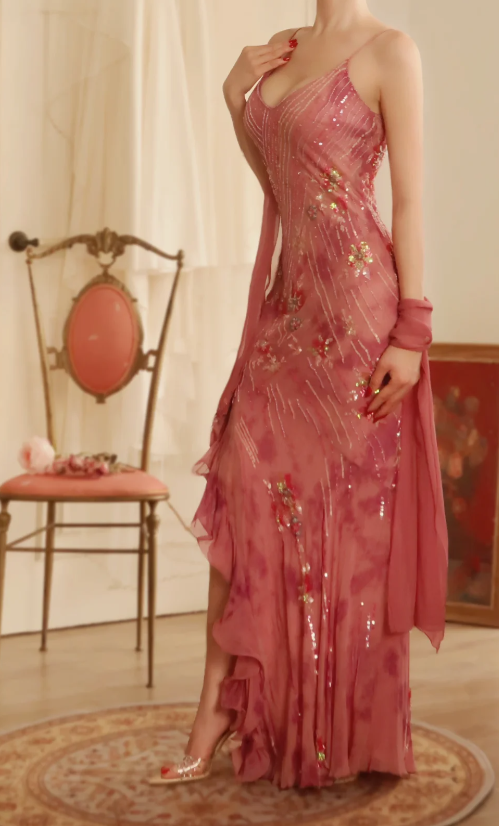 Chic Robe de bal rose à bretelles fourreau en mousseline longue robe de soirée DP06432