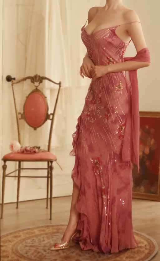 Chic Robe de bal rose à bretelles fourreau en mousseline longue robe de soirée DP06432